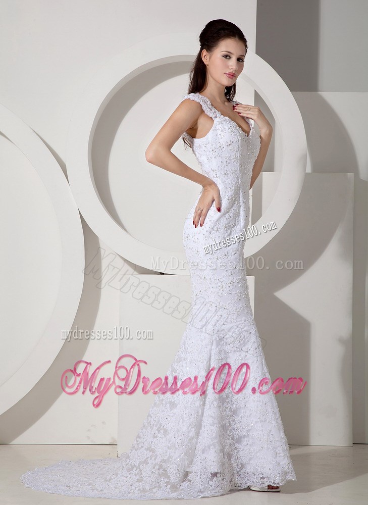 Back Out Lace Flowers Straps Wedding Dress with Brush Train For Lady