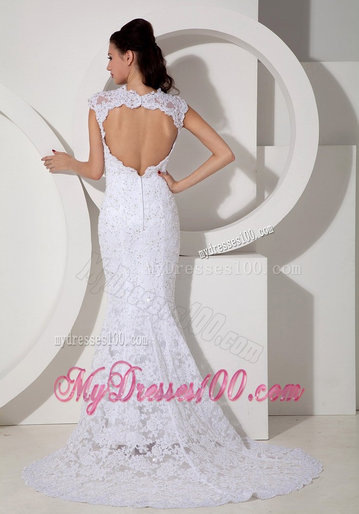 Back Out Lace Flowers Straps Wedding Dress with Brush Train For Lady