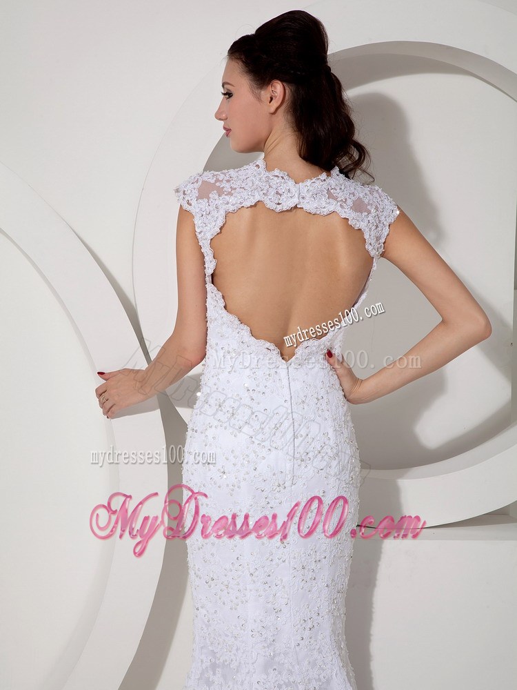 Back Out Lace Flowers Straps Wedding Dress with Brush Train For Lady
