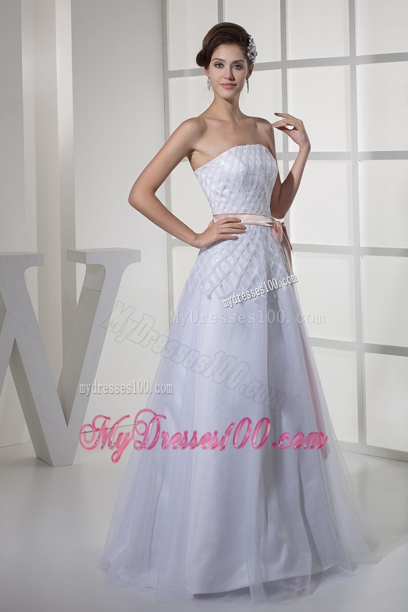 Sequins Accent Bust White Tulle Floor-length Wedding Gown with Sash