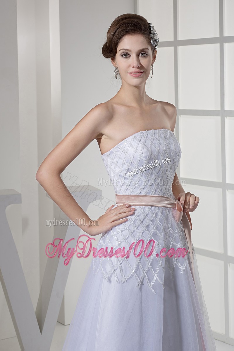 Sequins Accent Bust White Tulle Floor-length Wedding Gown with Sash
