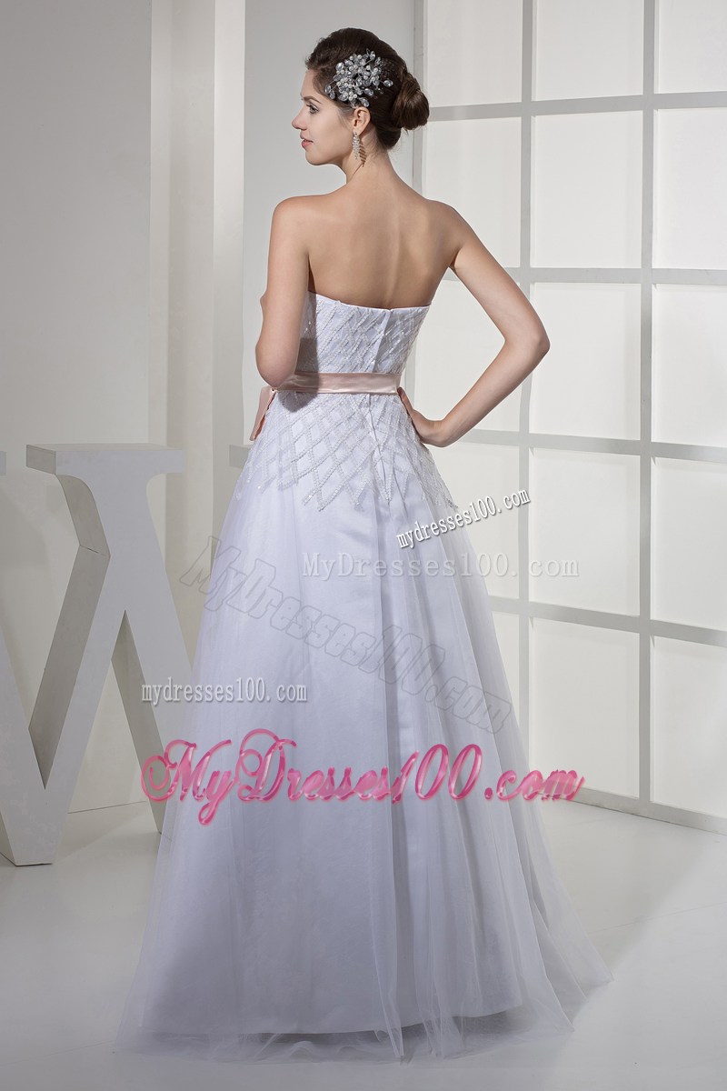 Sequins Accent Bust White Tulle Floor-length Wedding Gown with Sash