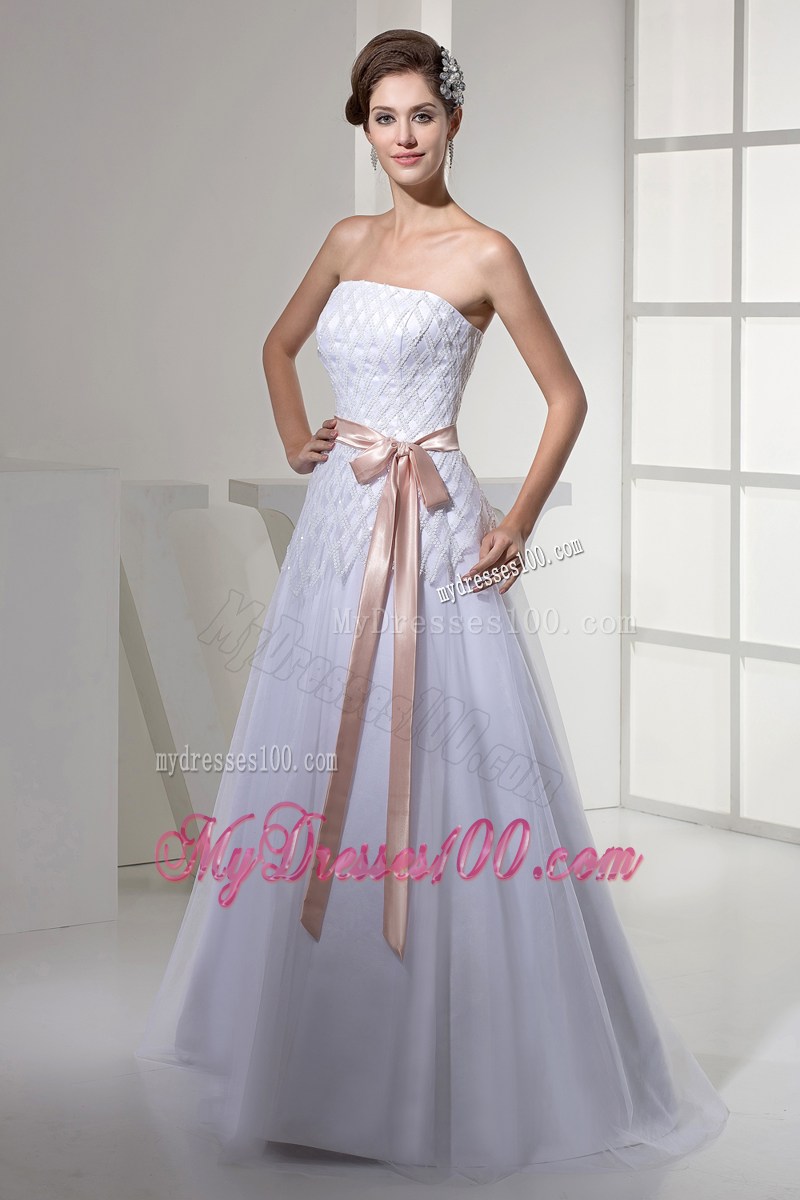 Sequins Accent Bust White Tulle Floor-length Wedding Gown with Sash