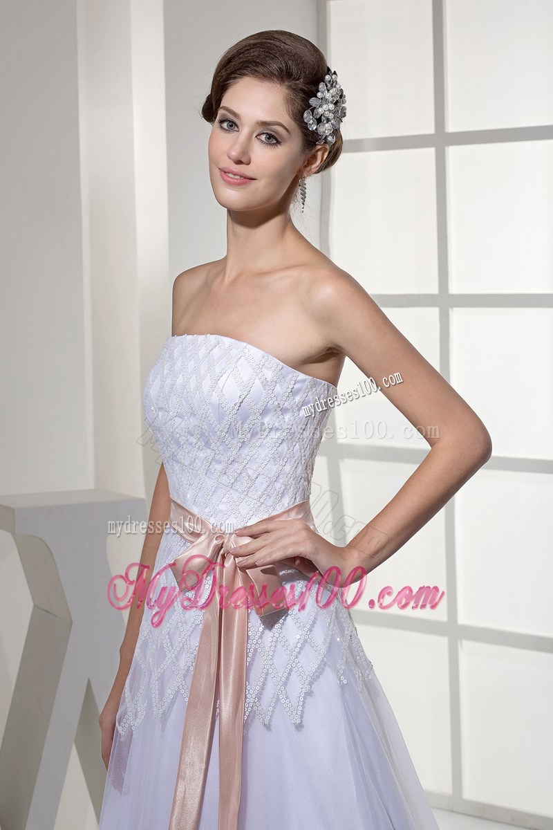 Sequins Accent Bust White Tulle Floor-length Wedding Gown with Sash