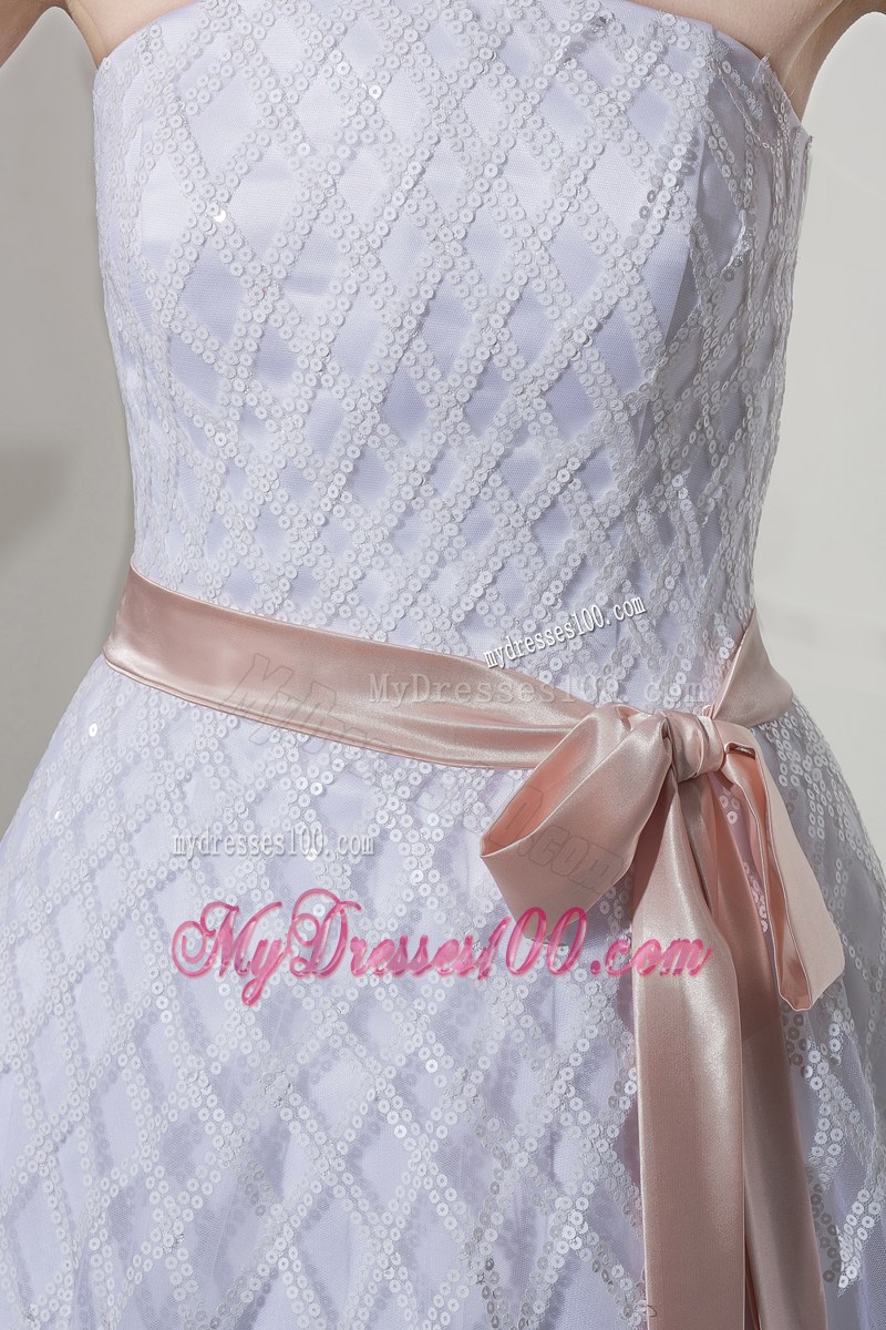 Sequins Accent Bust White Tulle Floor-length Wedding Gown with Sash