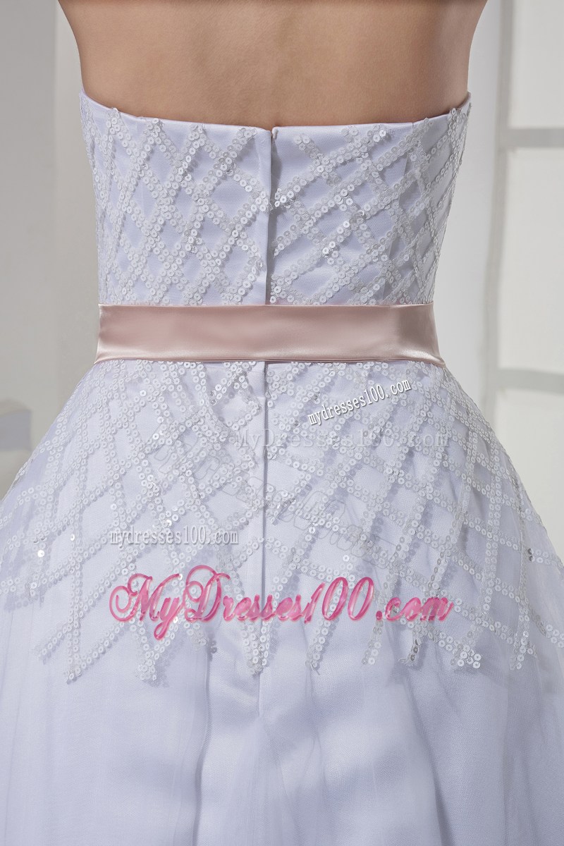 Sequins Accent Bust White Tulle Floor-length Wedding Gown with Sash