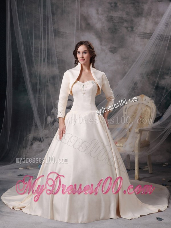Appliqued Sweetheart Champagne Bridal Gown with Chapel Train and Jacket
