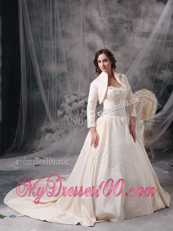 Appliqued Sweetheart Champagne Bridal Gown with Chapel Train and Jacket