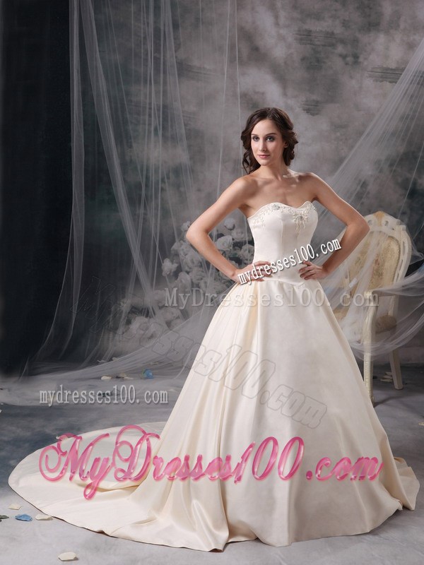 Appliqued Sweetheart Champagne Bridal Gown with Chapel Train and Jacket