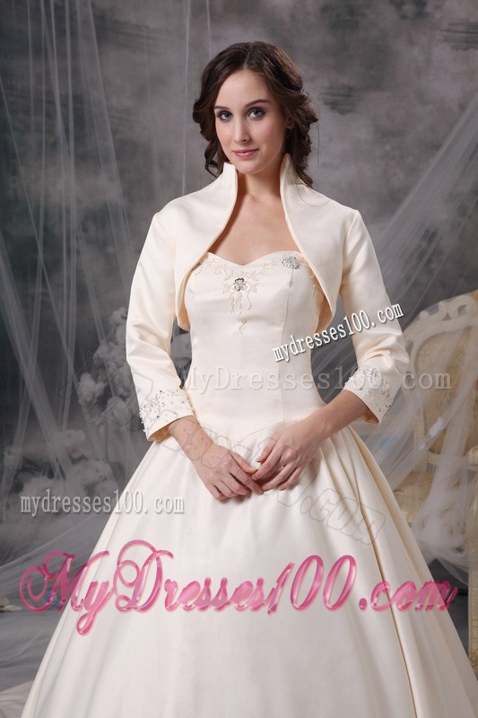 Appliqued Sweetheart Champagne Bridal Gown with Chapel Train and Jacket
