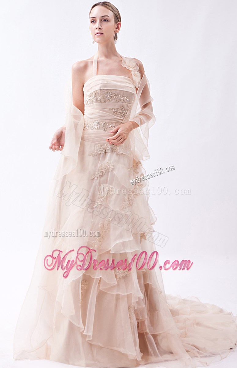 Handle Flowers Halter Tiers Champagne Wedding Dress with Wraps