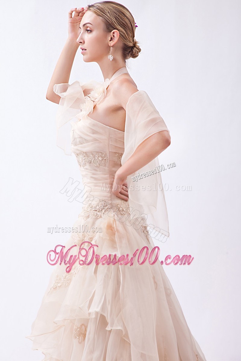 Handle Flowers Halter Tiers Champagne Wedding Dress with Wraps