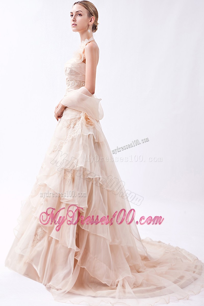 Handle Flowers Halter Tiers Champagne Wedding Dress with Wraps
