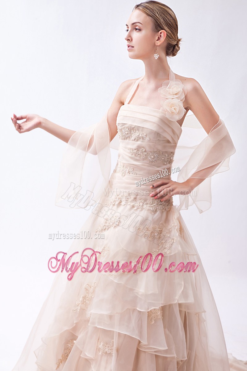 Handle Flowers Halter Tiers Champagne Wedding Dress with Wraps