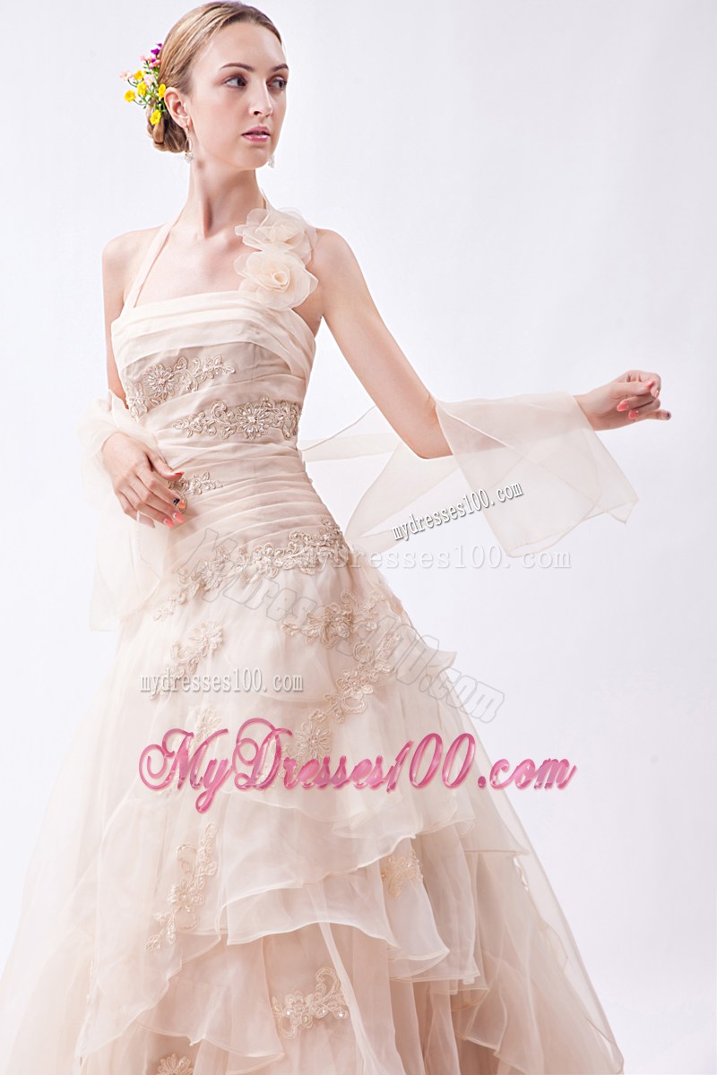 Handle Flowers Halter Tiers Champagne Wedding Dress with Wraps