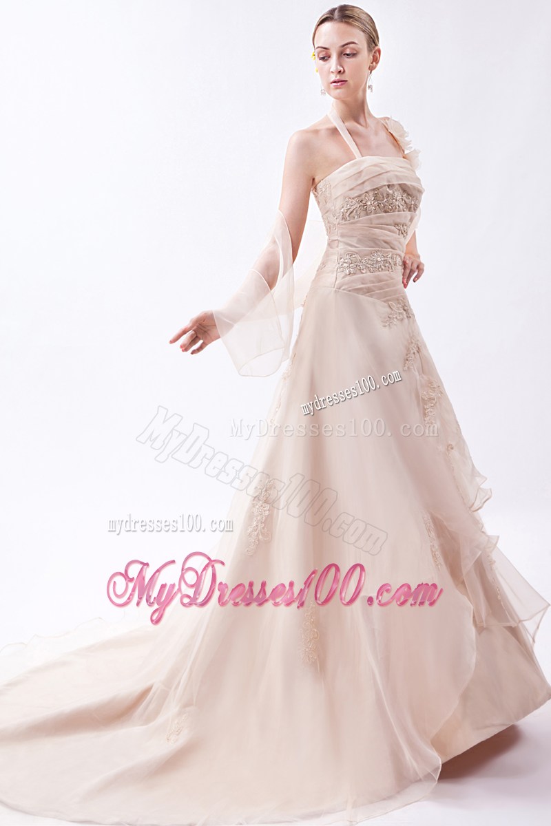 Handle Flowers Halter Tiers Champagne Wedding Dress with Wraps