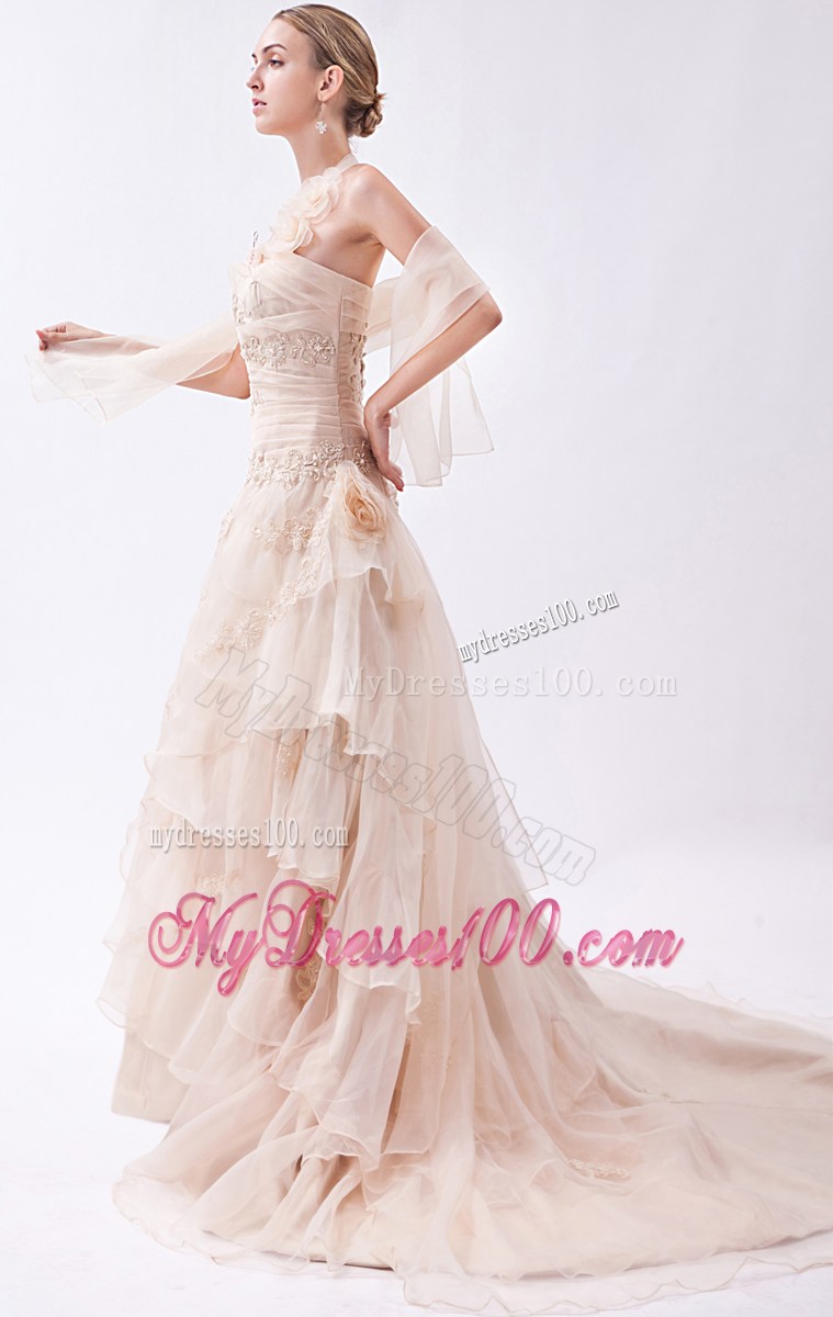 Handle Flowers Halter Tiers Champagne Wedding Dress with Wraps