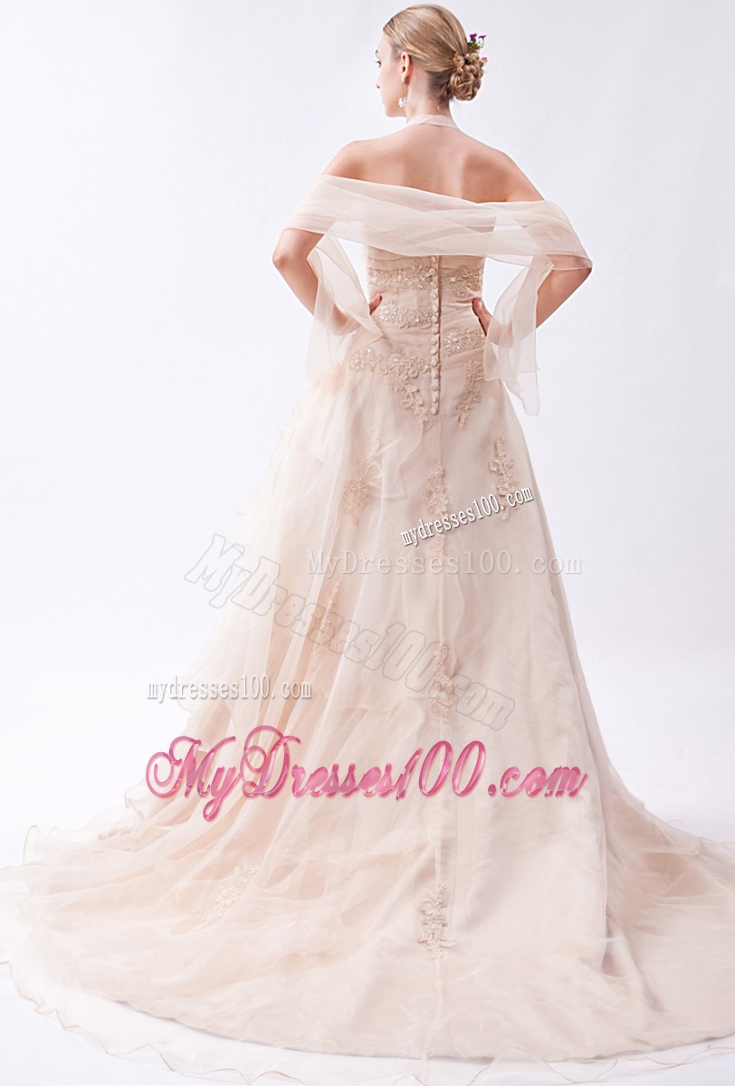 Handle Flowers Halter Tiers Champagne Wedding Dress with Wraps