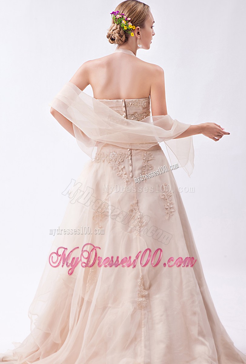 Handle Flowers Halter Tiers Champagne Wedding Dress with Wraps