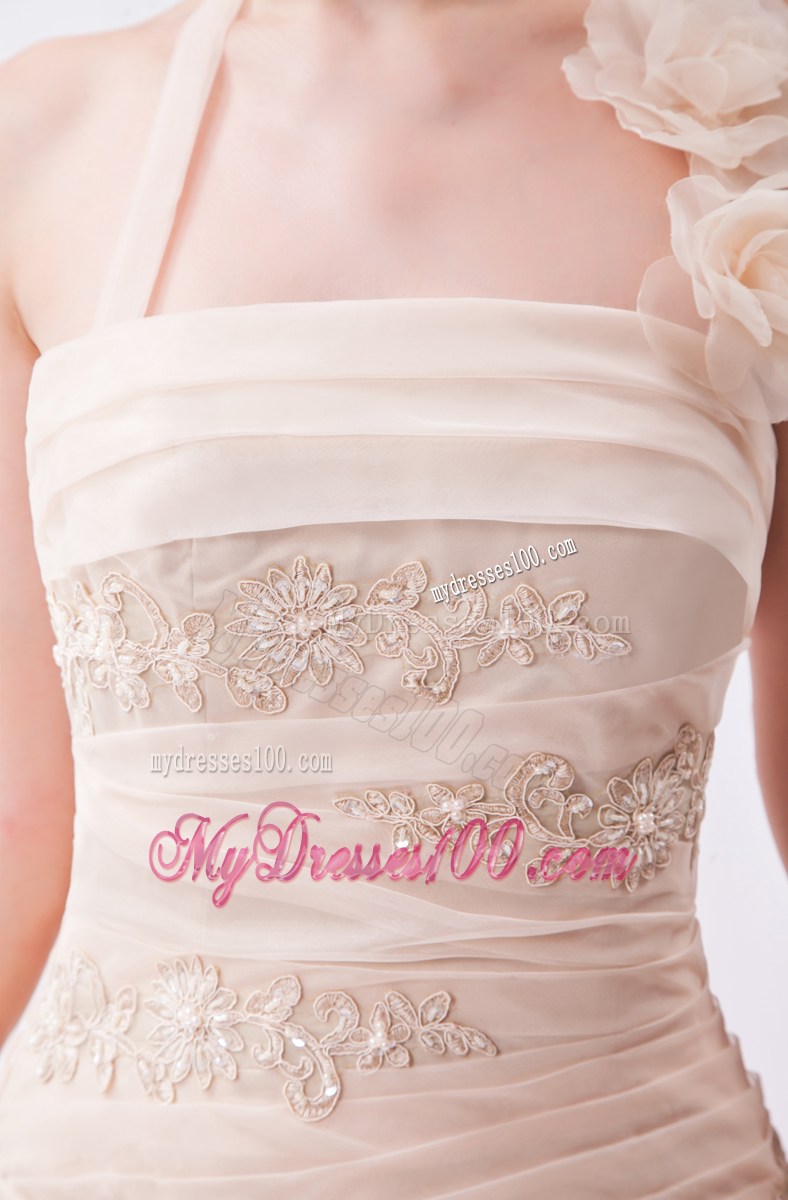 Handle Flowers Halter Tiers Champagne Wedding Dress with Wraps