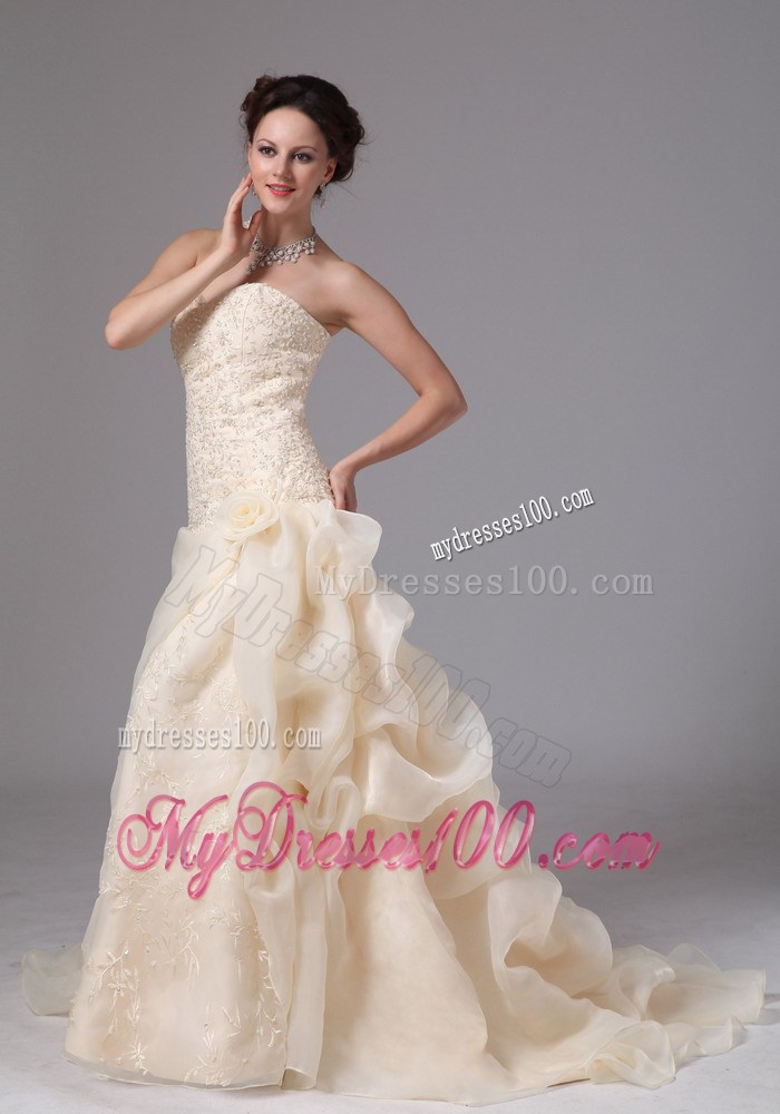 Handle Flowers Pick-ups and Beaded Appliques Decorated Wedding Gowns