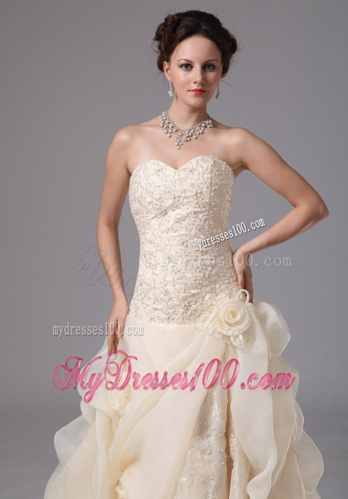 Handle Flowers Pick-ups and Beaded Appliques Decorated Wedding Gowns
