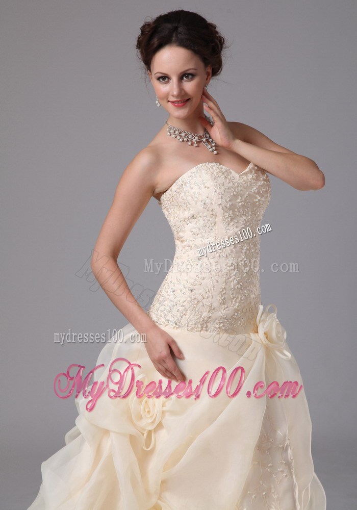 Handle Flowers Pick-ups and Beaded Appliques Decorated Wedding Gowns