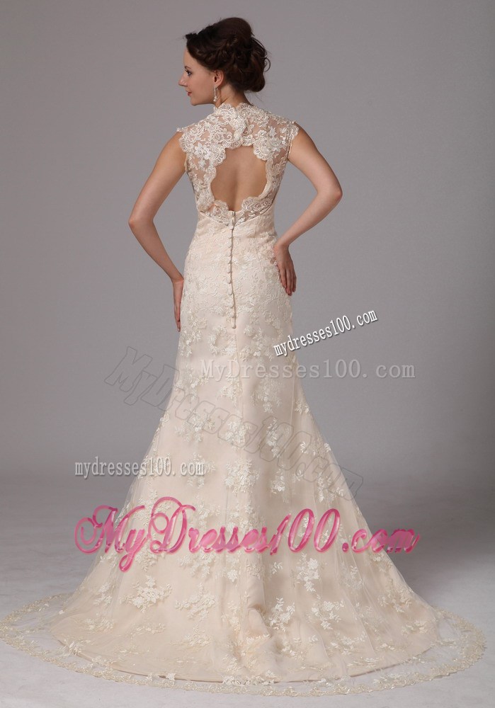 Button Down Back Lace Flowers Sweep Train Wedding Dress in Champagne