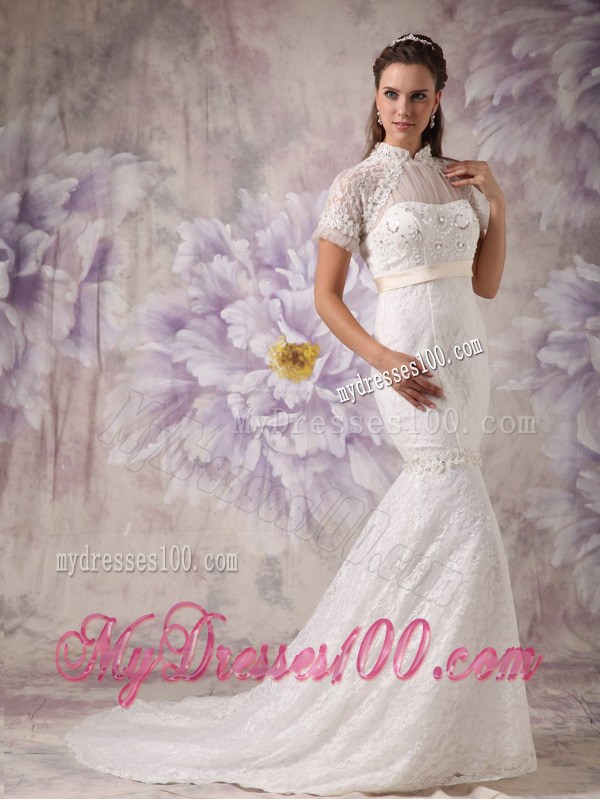 Beautiful High-neck Court Train Lace Wedding Dresses with Short Sleeves