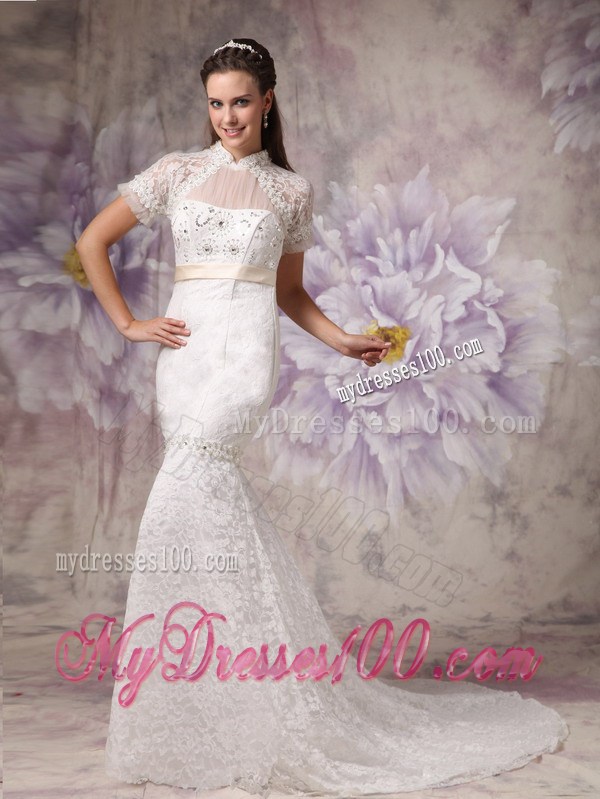 Beautiful High-neck Court Train Lace Wedding Dresses with Short Sleeves