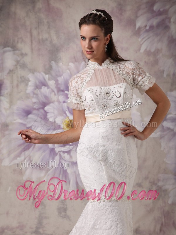 Beautiful High-neck Court Train Lace Wedding Dresses with Short Sleeves