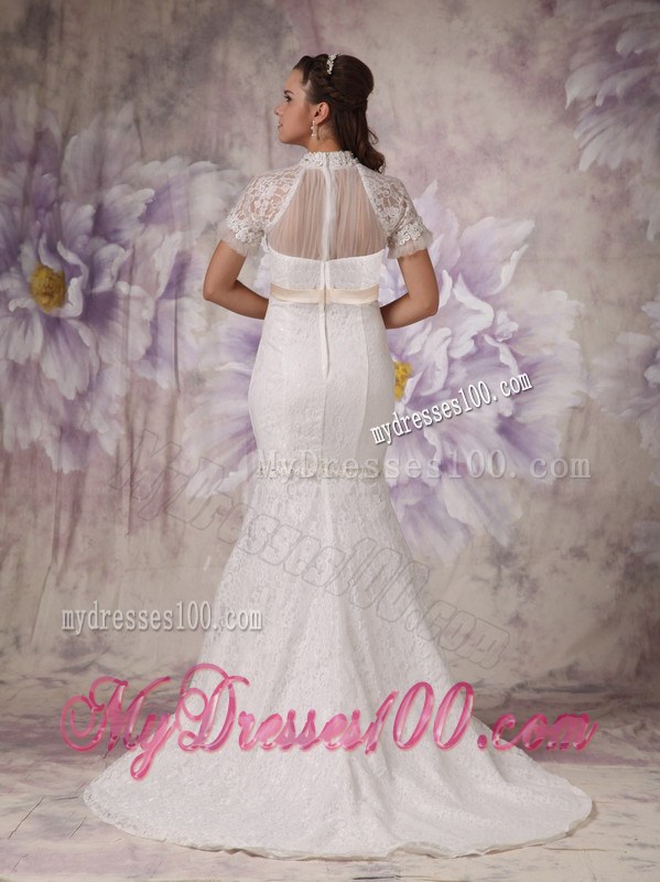 Beautiful High-neck Court Train Lace Wedding Dresses with Short Sleeves