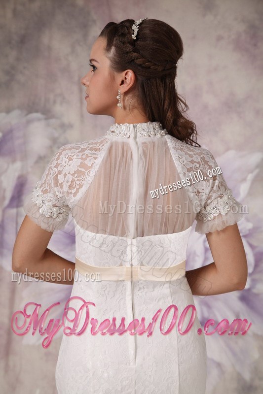 Beautiful High-neck Court Train Lace Wedding Dresses with Short Sleeves