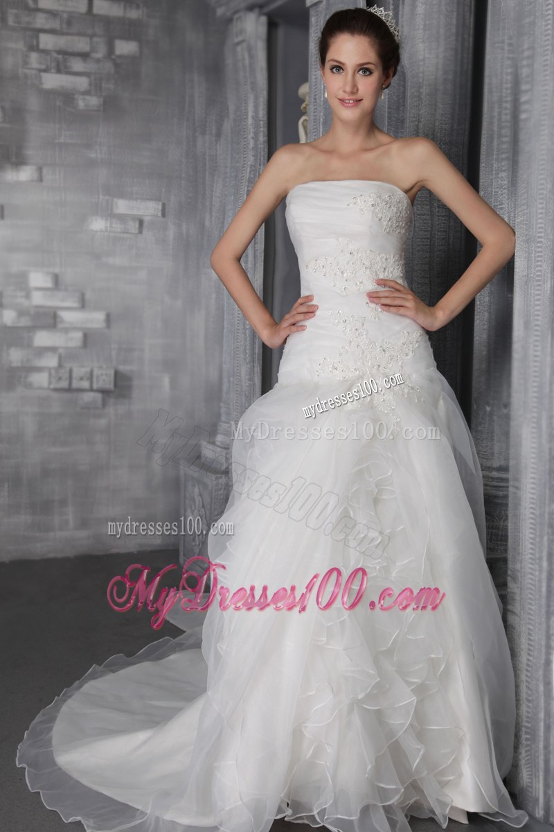 Classical Strapless Ruffles Chapel Train White Wedding Gown Lace-up Back