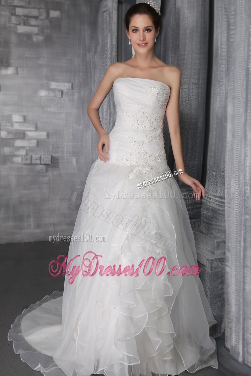 Classical Strapless Ruffles Chapel Train White Wedding Gown Lace-up Back