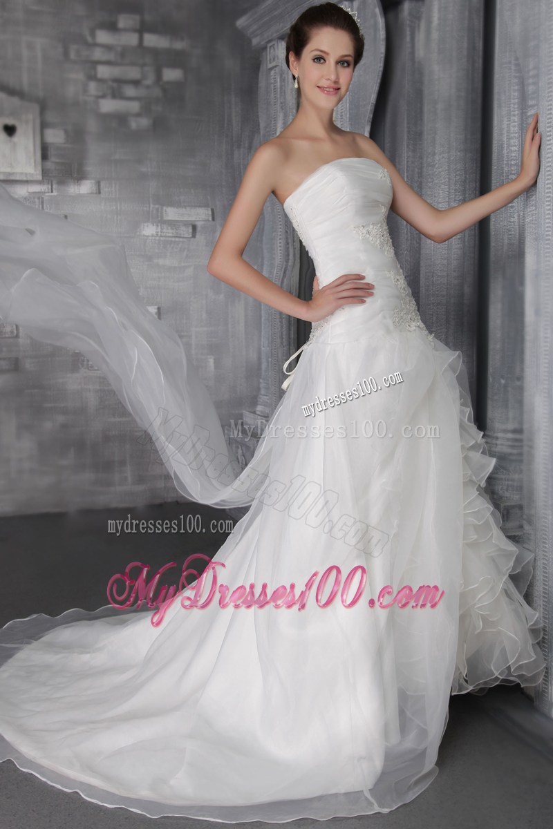 Classical Strapless Ruffles Chapel Train White Wedding Gown Lace-up Back