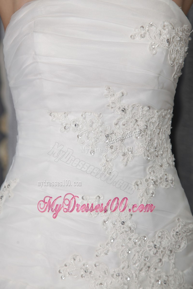Classical Strapless Ruffles Chapel Train White Wedding Gown Lace-up Back