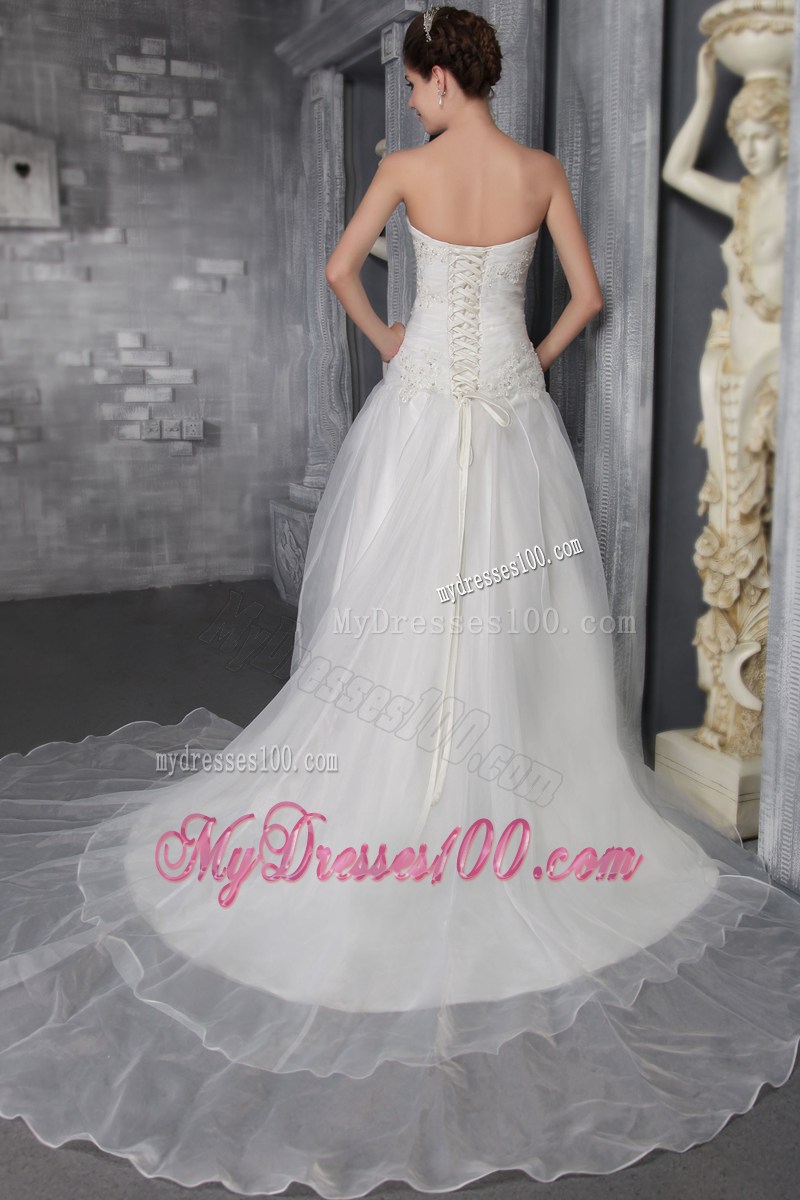 Classical Strapless Ruffles Chapel Train White Wedding Gown Lace-up Back