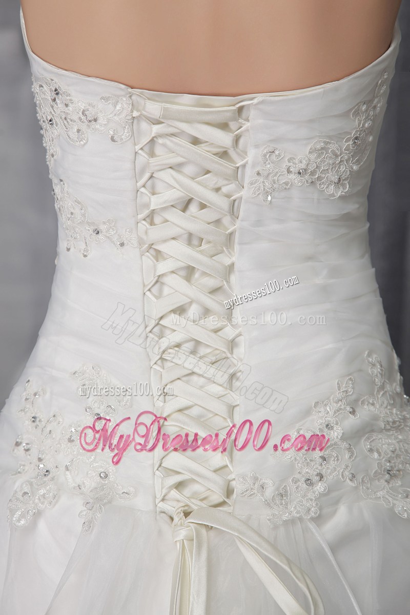 Classical Strapless Ruffles Chapel Train White Wedding Gown Lace-up Back