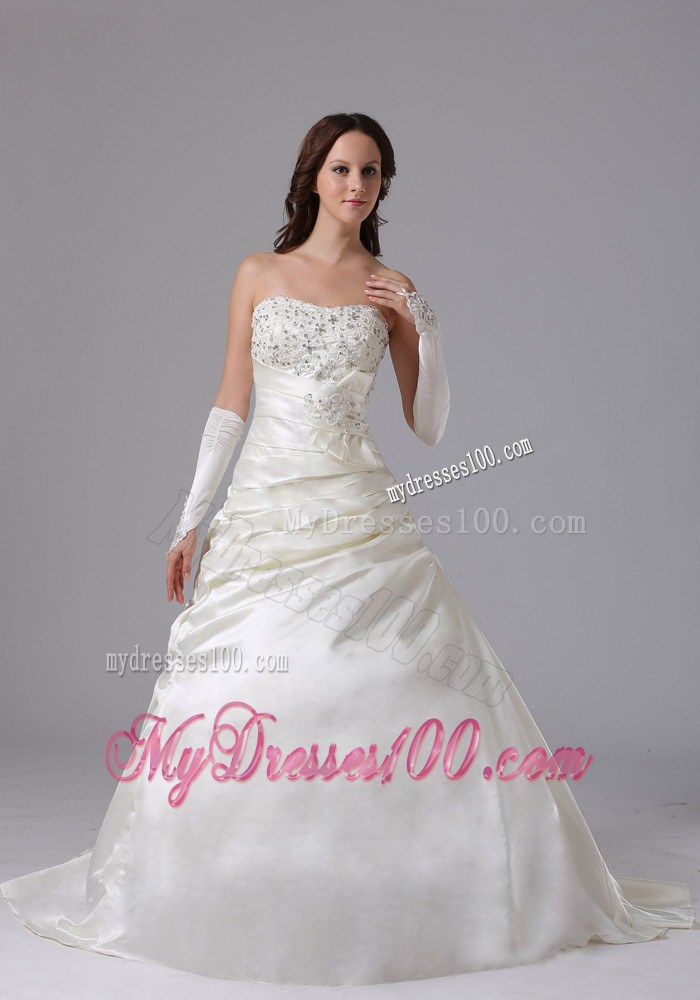 Bowknot Beading and Ruching Decorated Brush Train Wedding Gown