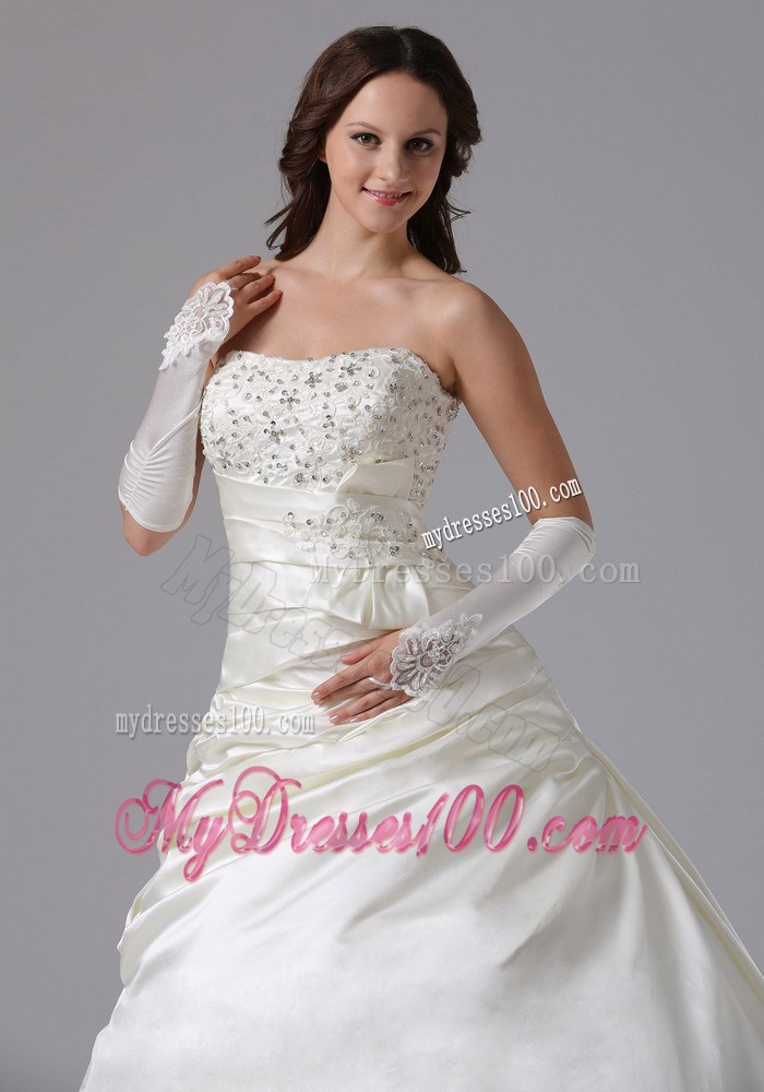 Bowknot Beading and Ruching Decorated Brush Train Wedding Gown