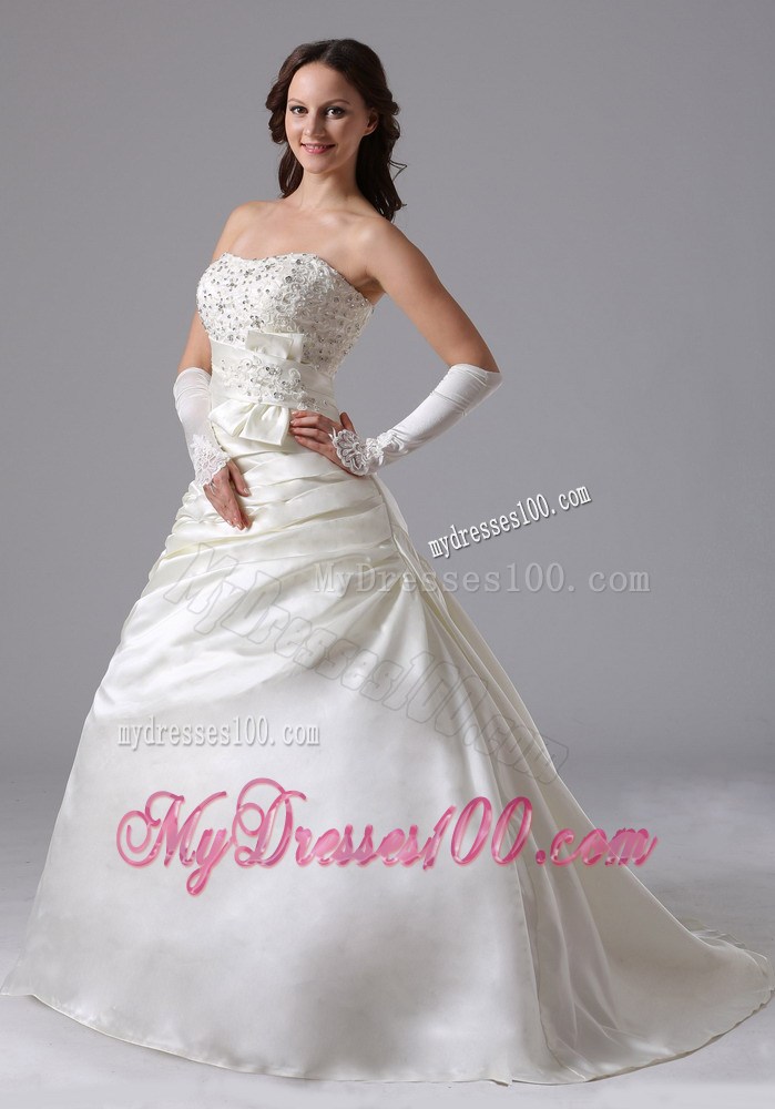 Bowknot Beading and Ruching Decorated Brush Train Wedding Gown