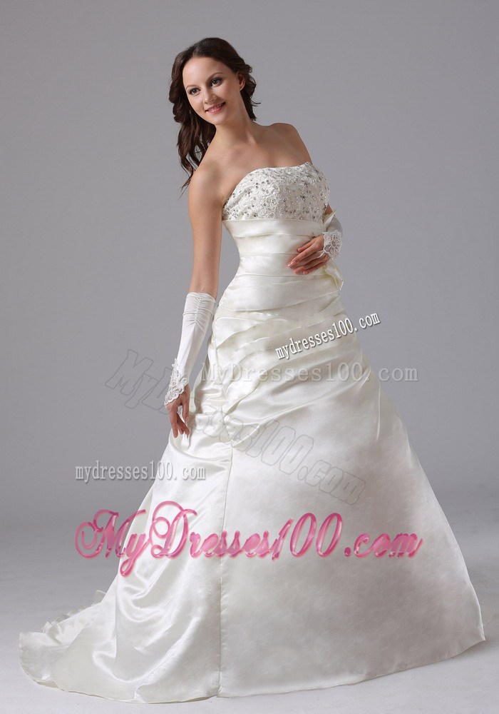 Bowknot Beading and Ruching Decorated Brush Train Wedding Gown