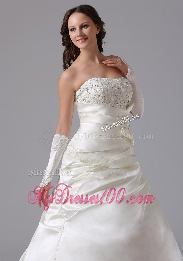 Bowknot Beading and Ruching Decorated Brush Train Wedding Gown