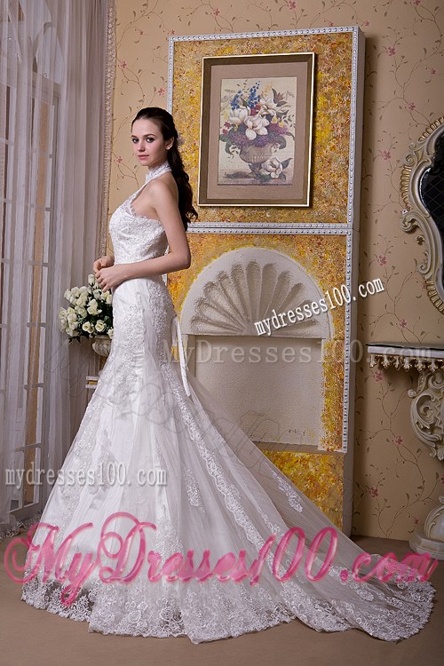 High-neck Mermaid Taffeta and Lace Wedding Dresses with Brush Train