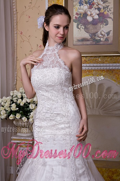 High-neck Mermaid Taffeta and Lace Wedding Dresses with Brush Train