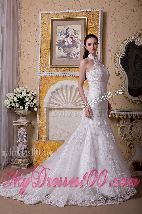 High-neck Mermaid Taffeta and Lace Wedding Dresses with Brush Train