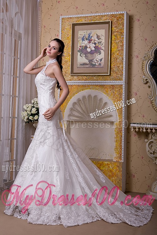 High-neck Mermaid Taffeta and Lace Wedding Dresses with Brush Train