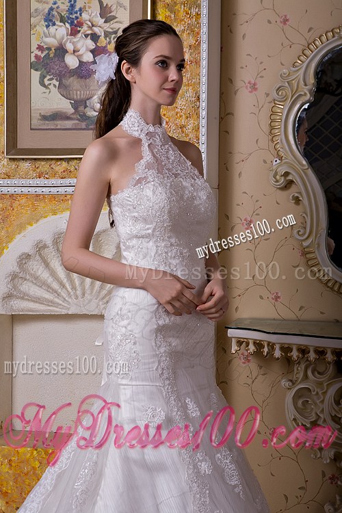 High-neck Mermaid Taffeta and Lace Wedding Dresses with Brush Train