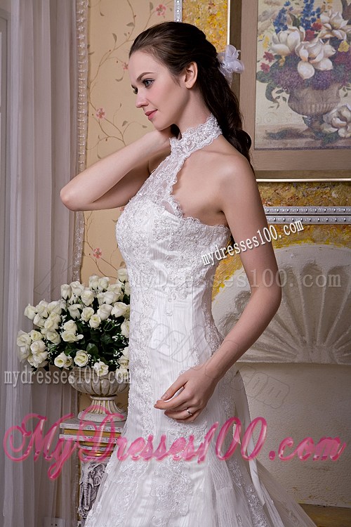 High-neck Mermaid Taffeta and Lace Wedding Dresses with Brush Train